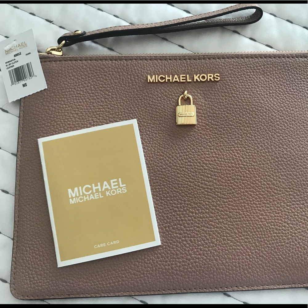 Michael Kors XL Adele clutch fawn color NWT